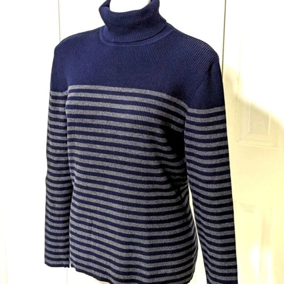 Liz Claiborne Cotton Blend Navy/Grey Stripe Turtleneck Long Sleeve Sweat… - Picture 1 of 11